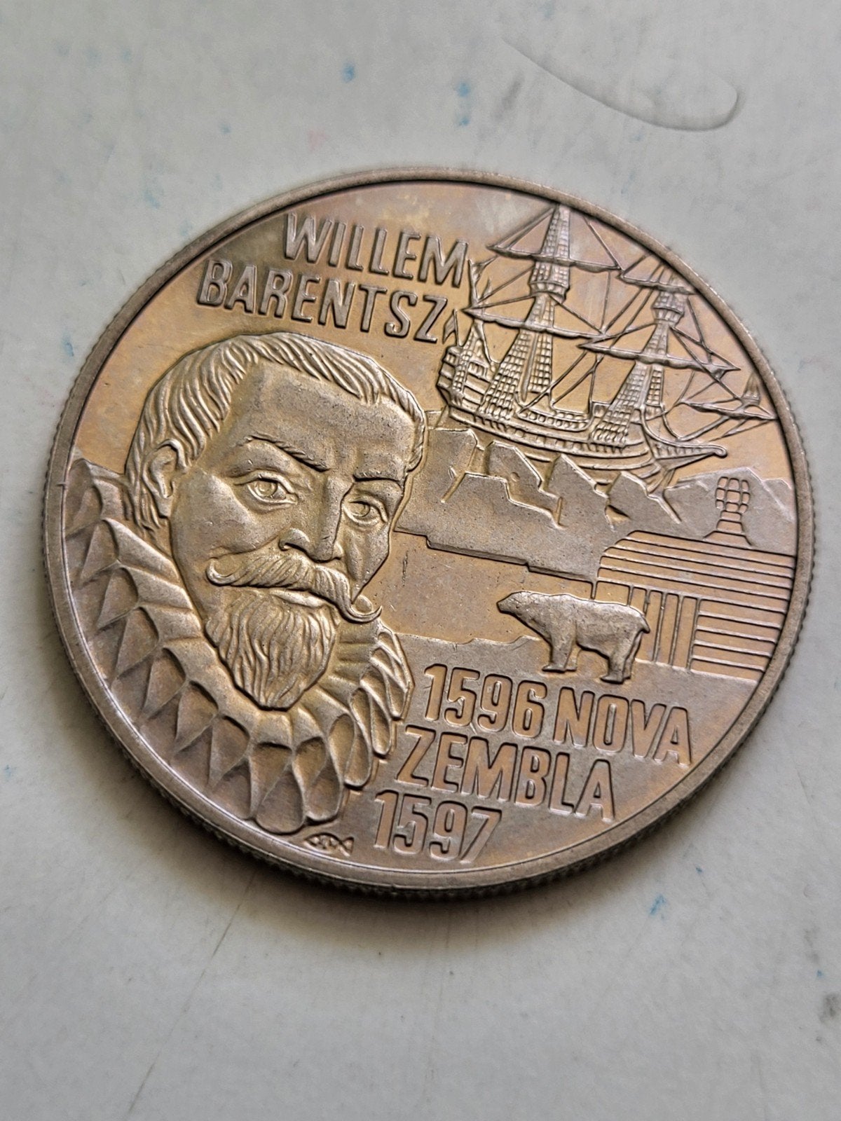 Penning 5 Euro 1996 Willem Barentsz Nova Zembla ijsbeer, Postzegels en Munten, Penningen en Medailles, Ophalen of Verzenden, Overige materialen