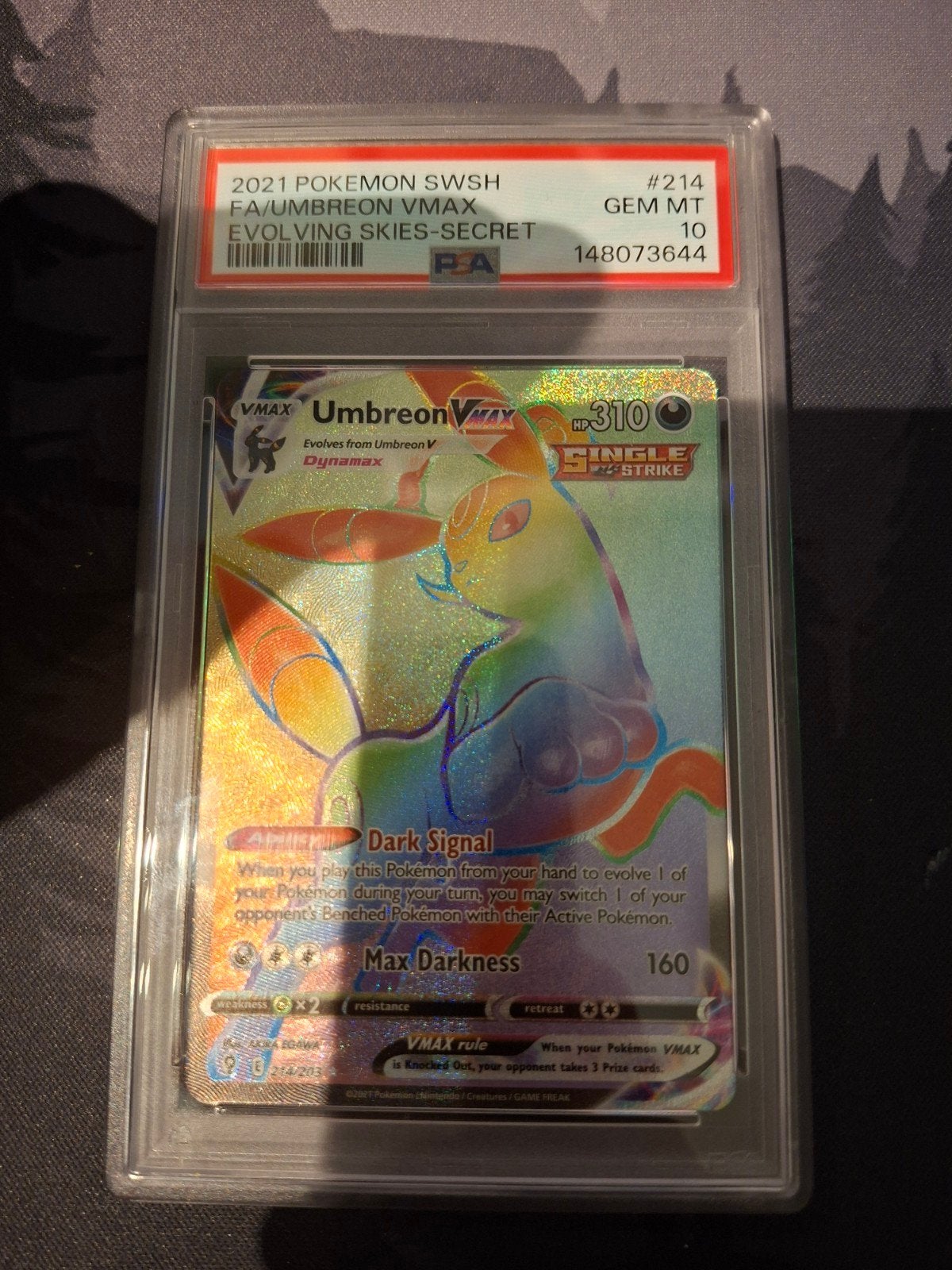 Umbreon Vmax 214/203 Psa10, Hobby en Vrije tijd, Verzamelkaartspellen | Pokémon, Ophalen of Verzenden, Zo goed als nieuw, Losse kaart