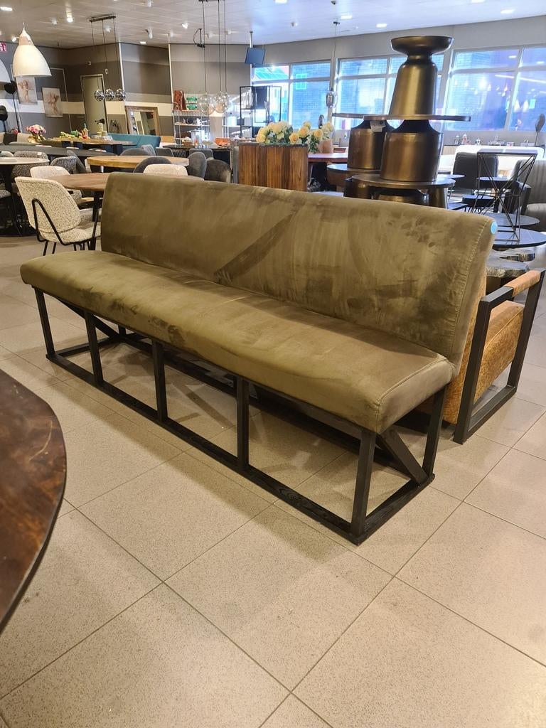 Nieuwe landelijke eetkamerbank 210cm semi velvet olijfgroen, Huis en Inrichting, Ophalen, Industrieel landelijk barok brocante koloniaal boheems vintage