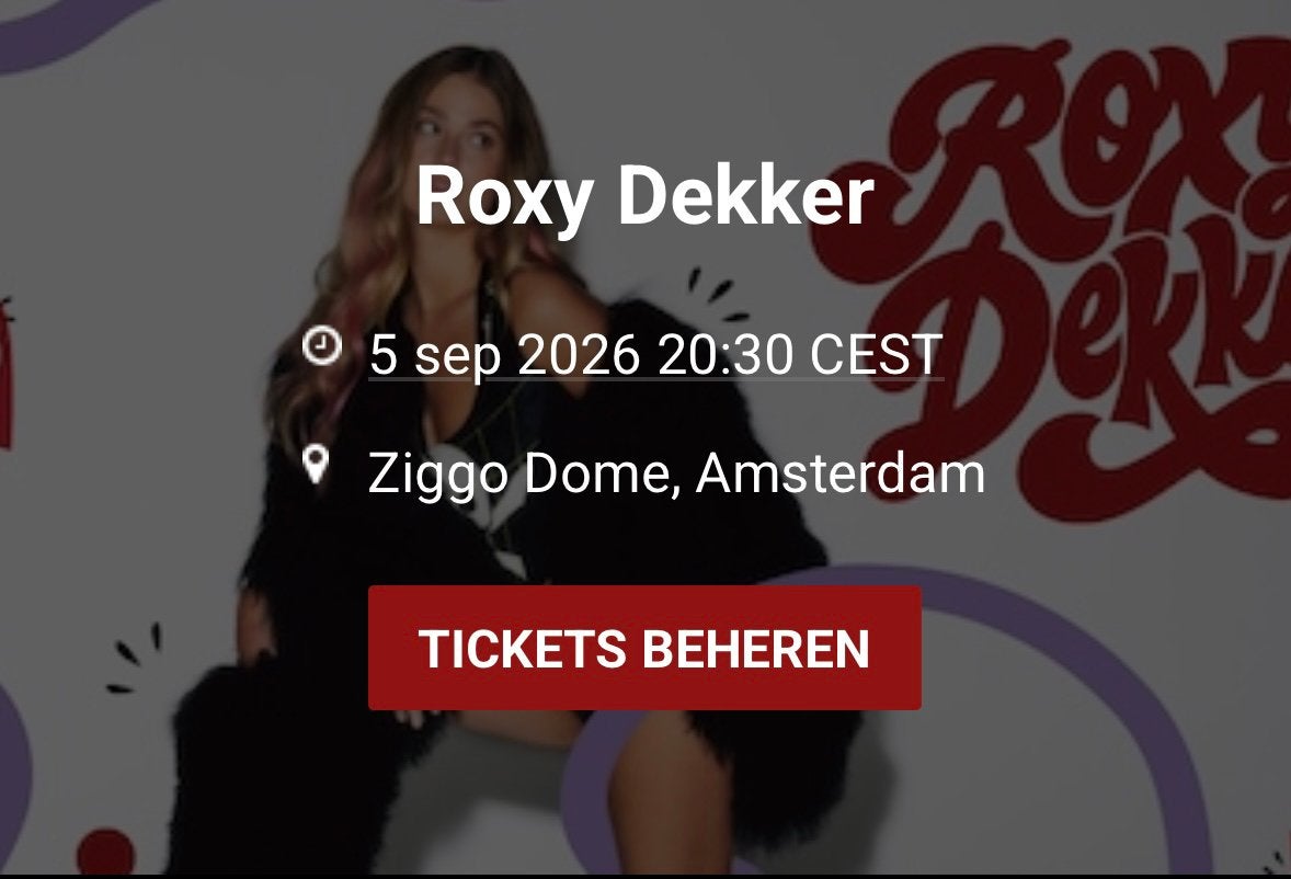 2 Tickets Roxy Dekker, staanplaatsen,5 september 2026, 20.30, Twee personen