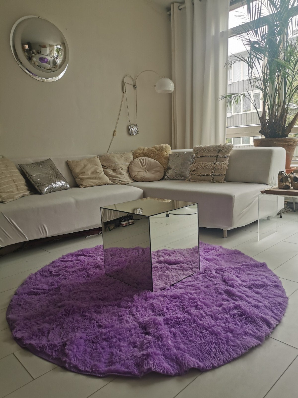 Fluffy hoogpolig lila paars rond vloerkleed HK living look, Paars, 150 tot 200 cm, Rond, Nieuw