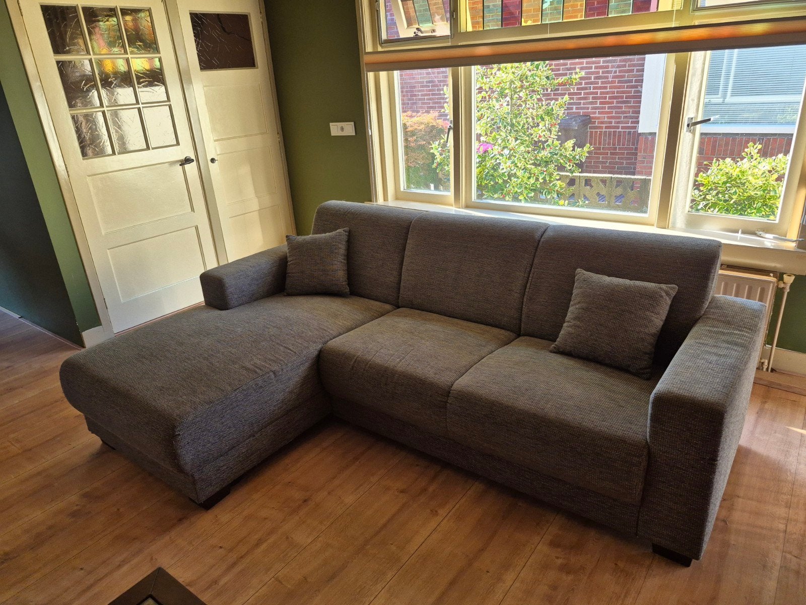 Leenbakker 3-zits hoekbank grijs, hoek rechts, 230x150 cm, Huis en Inrichting, Banken | Bankstellen, Ophalen, Gebruikt, Hoekbank