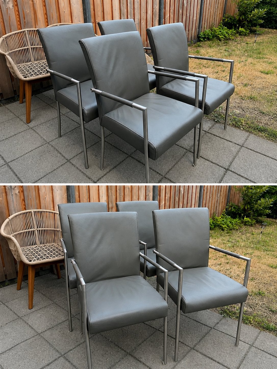 4 grijze leren eetkamerstoelen met armleuning metalen frame, Huis en Inrichting, Ophalen of Verzenden, Zo goed als nieuw, Grijs