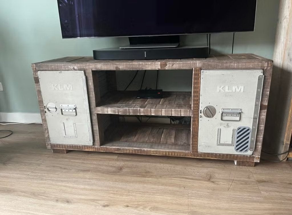 Industriële Tv-kast - Gebruikt hout - KLM catering kisten, Ophalen, Teakhout, Gebruikt, 100 tot 150 cm