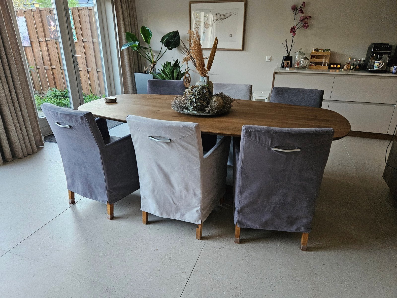 6 Eetkamerstoelen met armleuning - Grijs, Huis en Inrichting, Stoelen, Ophalen, Kunststof, Zo goed als nieuw, Grijs