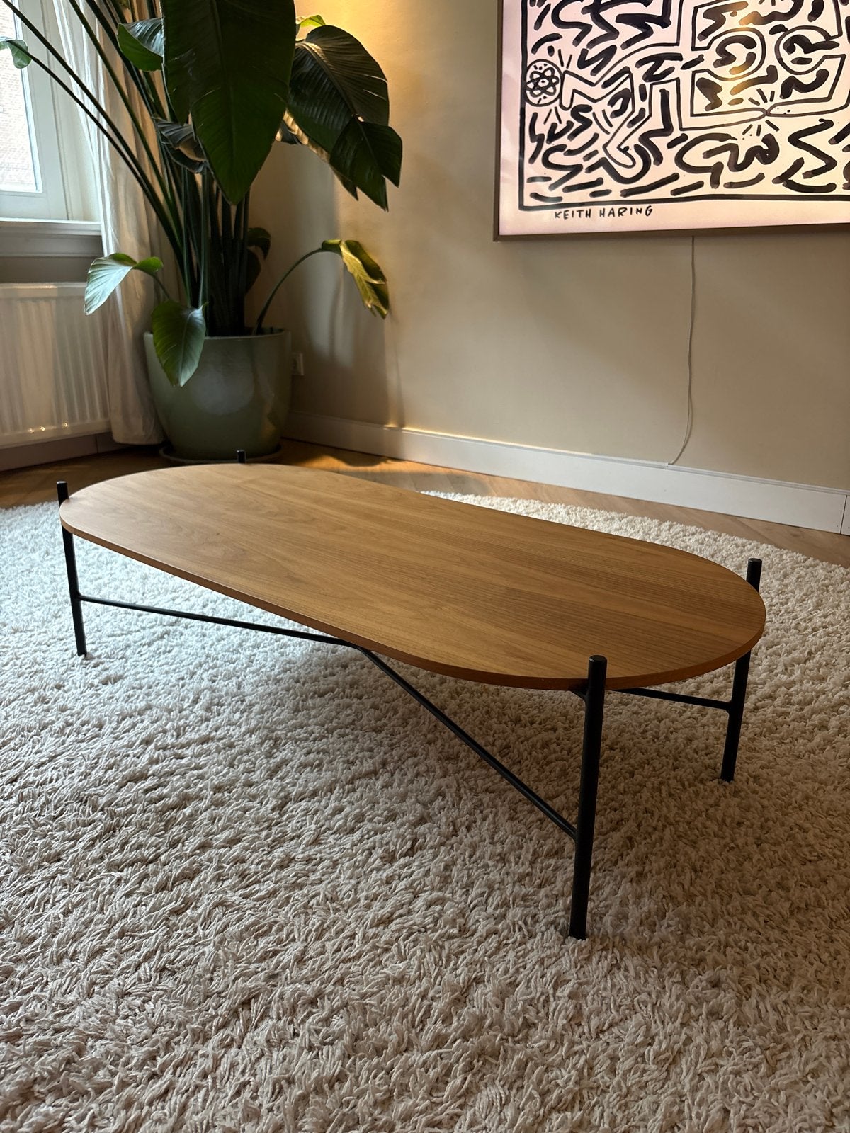 Ovale salontafel met houten blad en metalen onderstel, Huis en Inrichting, Tafels | Salontafels, Ophalen, 100 tot 150 cm, 50 tot 100 cm