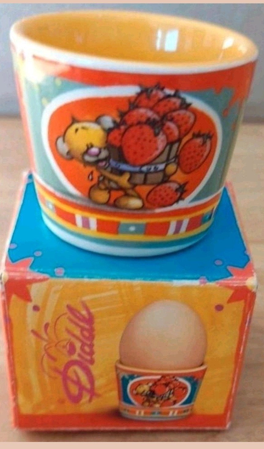Vintage Diddl eierdopje met Pimboli en aardbeien in d, Verzamelen, Diddl, Ophalen of Verzenden, Pimboli, Nieuw, Servies