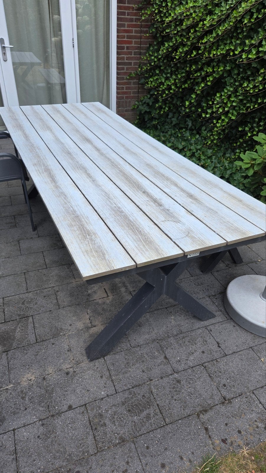 Tuinset: 3 stoelen, bankje en tafel (metalen onderstel), Ophalen, 5 zitplaatsen, Kunststof, Gebruikt