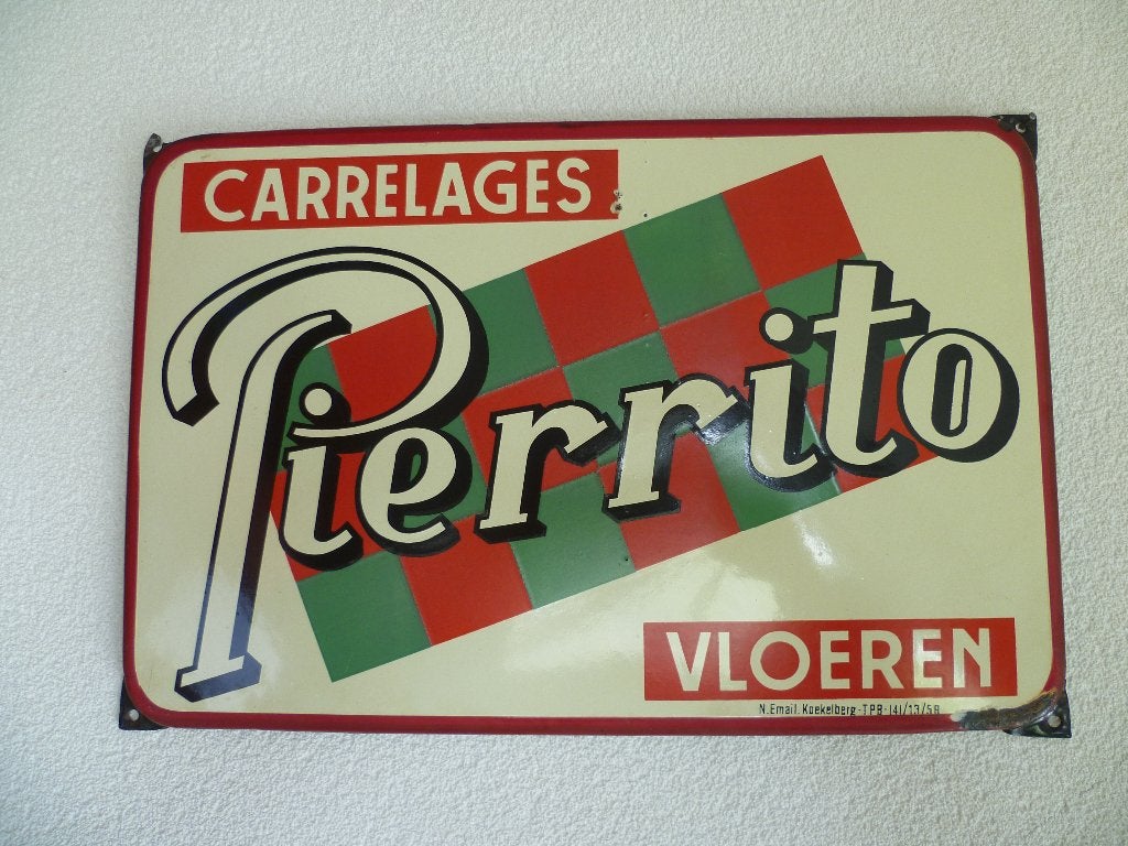 EMAILLE RECLAMEBORD"PIERITO VLOEREN"UIT 1958, Ophalen of Verzenden, Gebruikt, Reclamebord