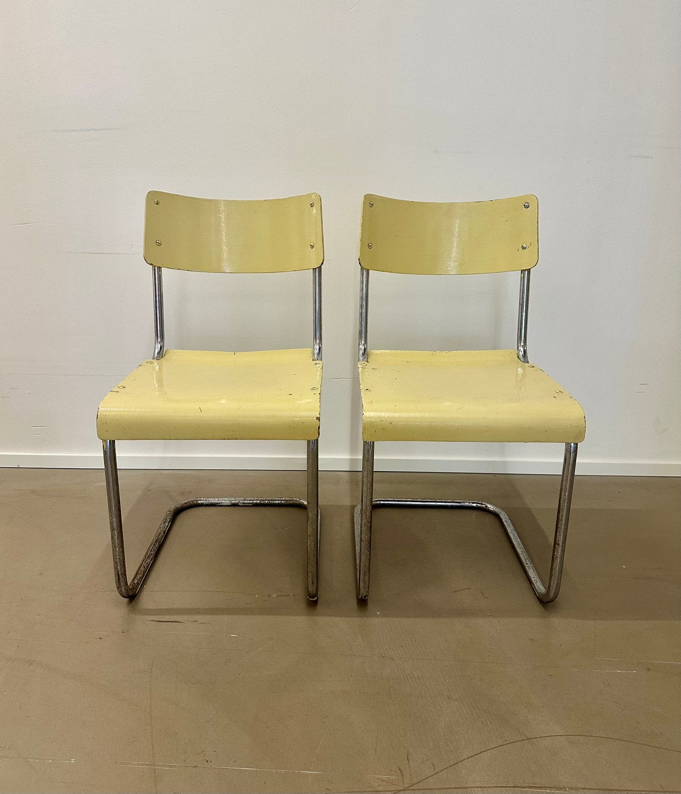 2 vintage industriële buisframe stoelen, setprijs, Ophalen, Gebruikt, Twee, Bruin