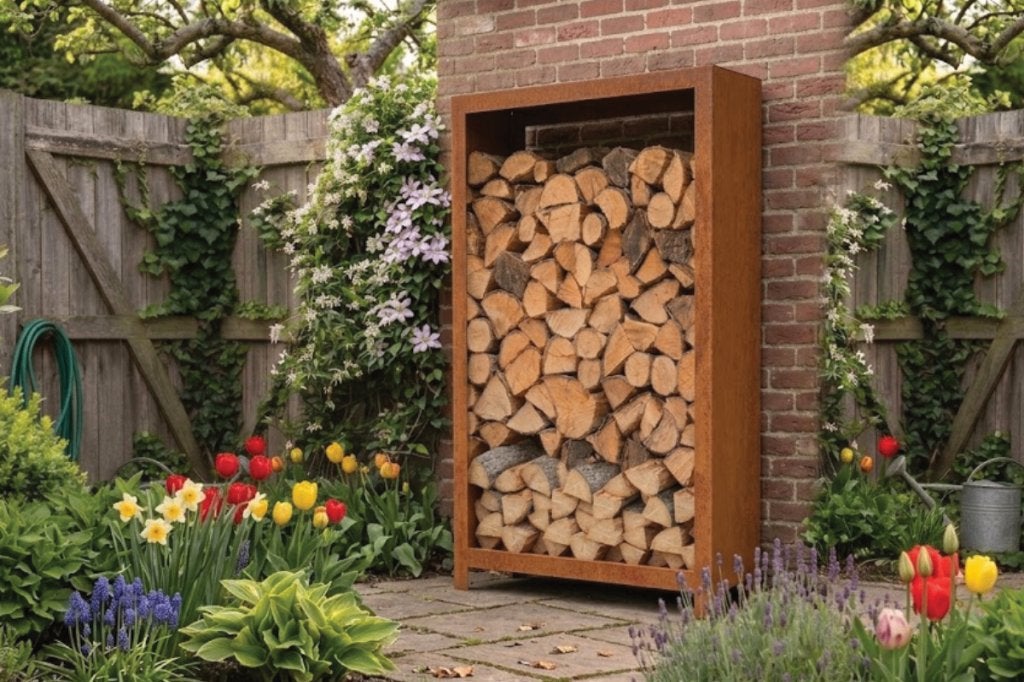 haardhout cortenstaal, houtopslag, houthok, Tuin en Terras, Haardhout, Minder dan 3 m³, Ophalen of Verzenden, Blokken