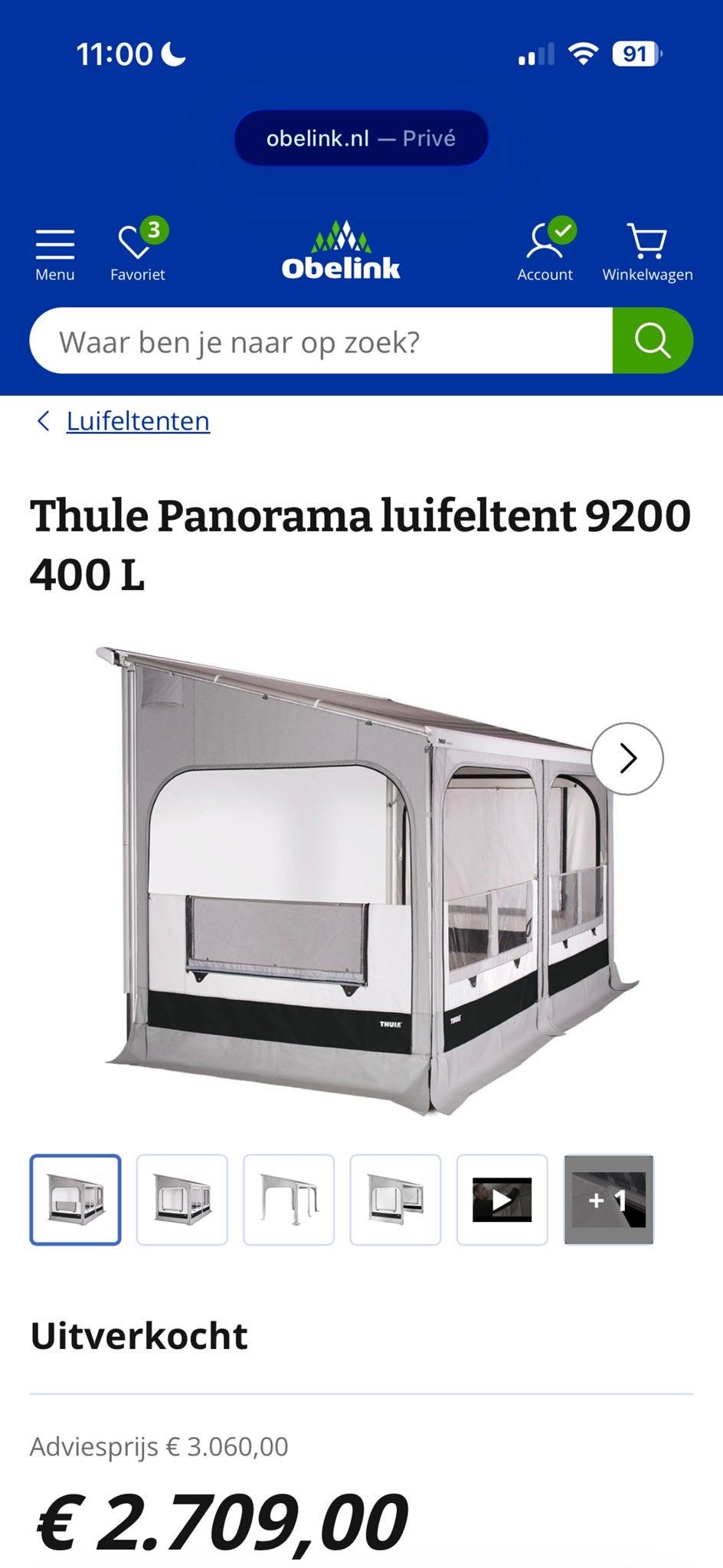 Thule Panorama luifeltent 9200 400 L, Ophalen, Zo goed als nieuw, Polyester, Thule