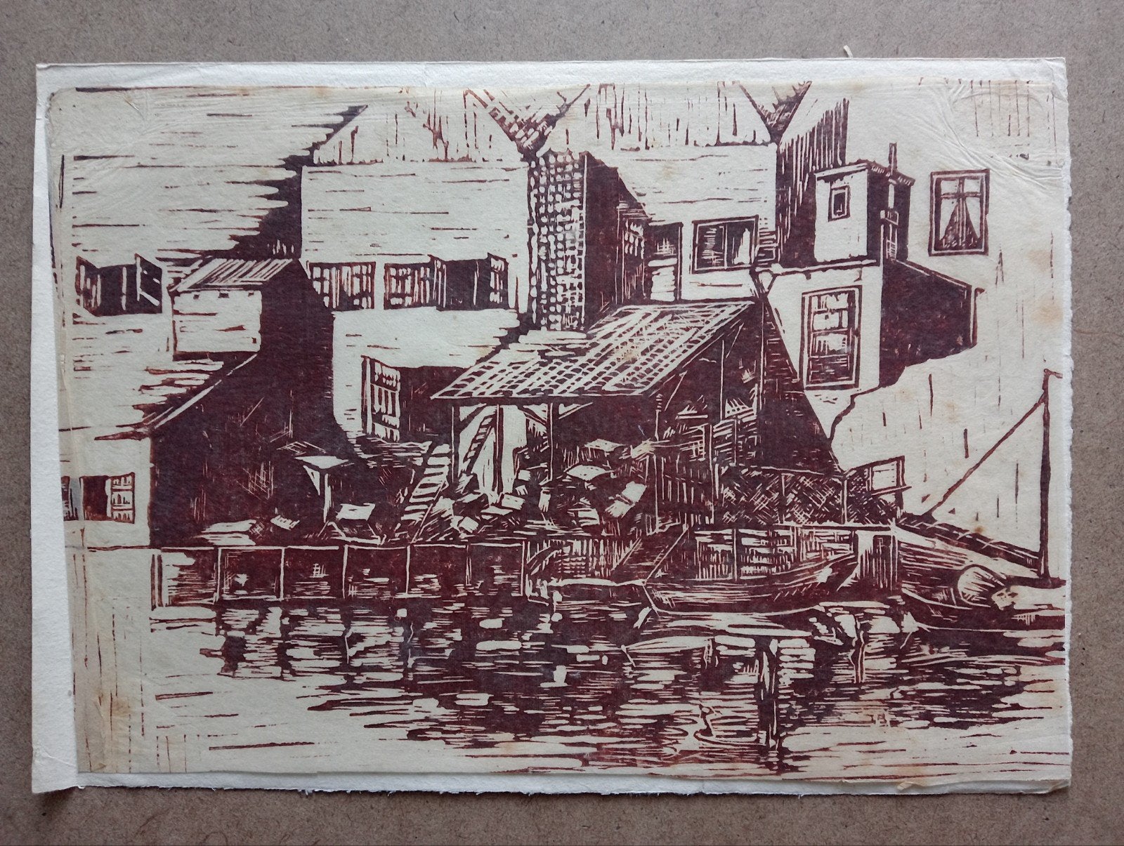 Houtsnede op doorzichtig papier - Stadsgezicht, Antiek en Kunst, 1950 - 1999, Stadsgezicht, Ophalen of Verzenden, Houtsnede