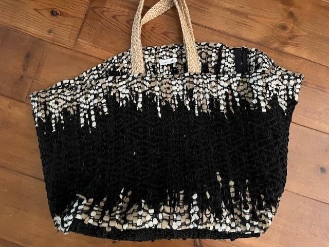 Grote gevlochten leren schoudertas zwart jute hengsels POMAX, Overige merken, Zwart, Nieuw, Ophalen of Verzenden