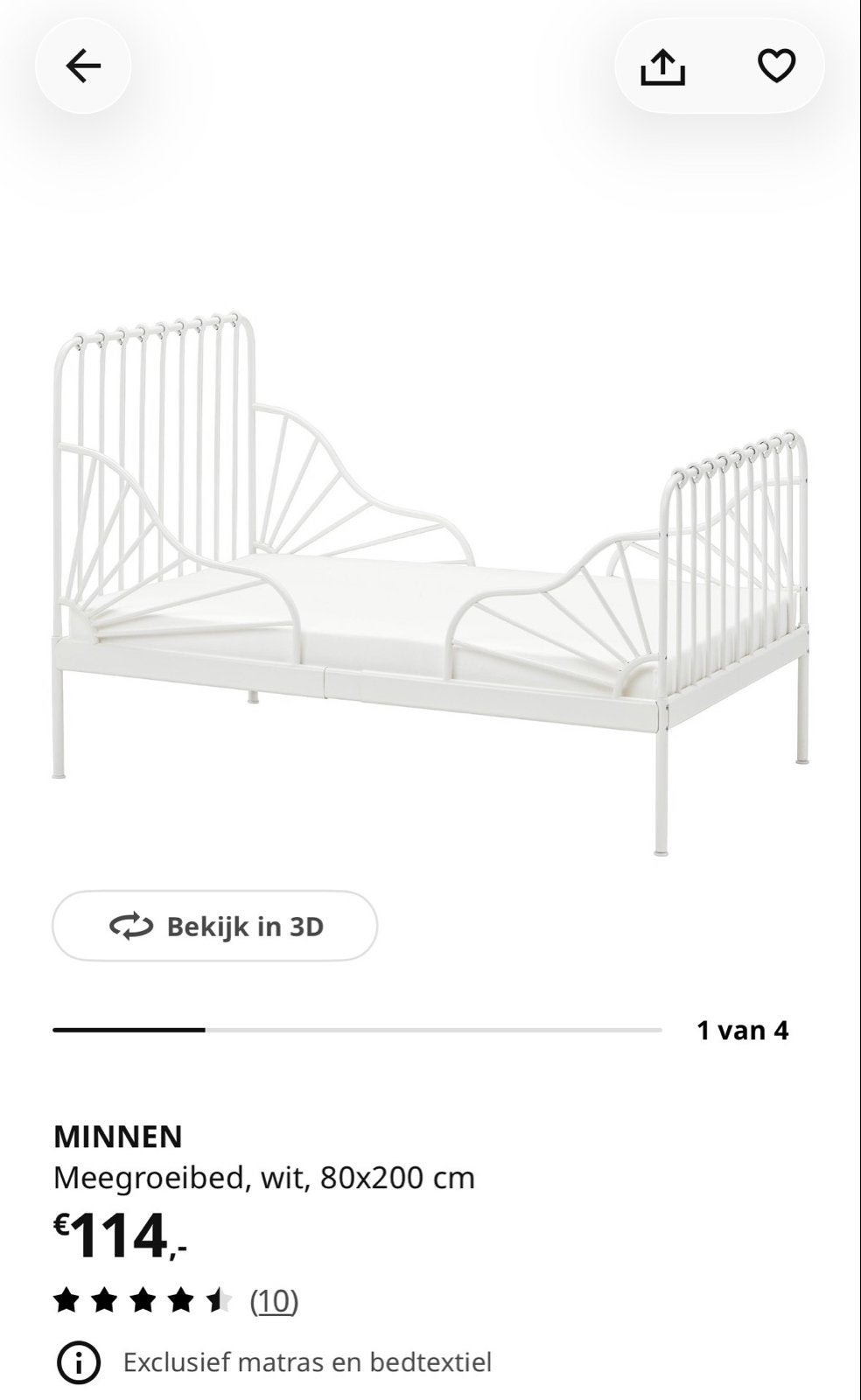 IKEA MINNEN meegroeibed wit, 80x200 cm, Ophalen, Gebruikt, 70 tot 85 cm, Lattenbodem