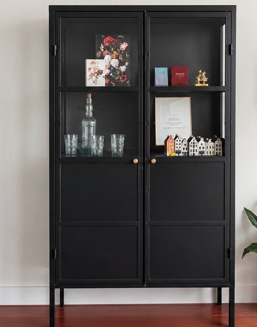 Stijlvolle nieuwe zwarte vitrinekast  | 182 cm, Ophalen, Met deur(en), 100 tot 150 cm, Nieuw