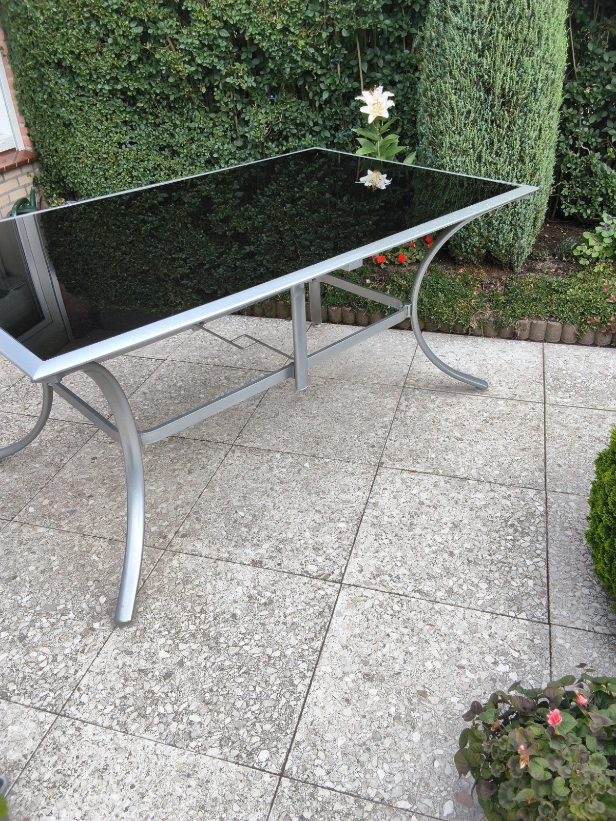 Tuintafel, aluminium  frame, met uitneembaar  glazen blad., Ophalen, Gebruikt, Rechthoekig, Aluminium