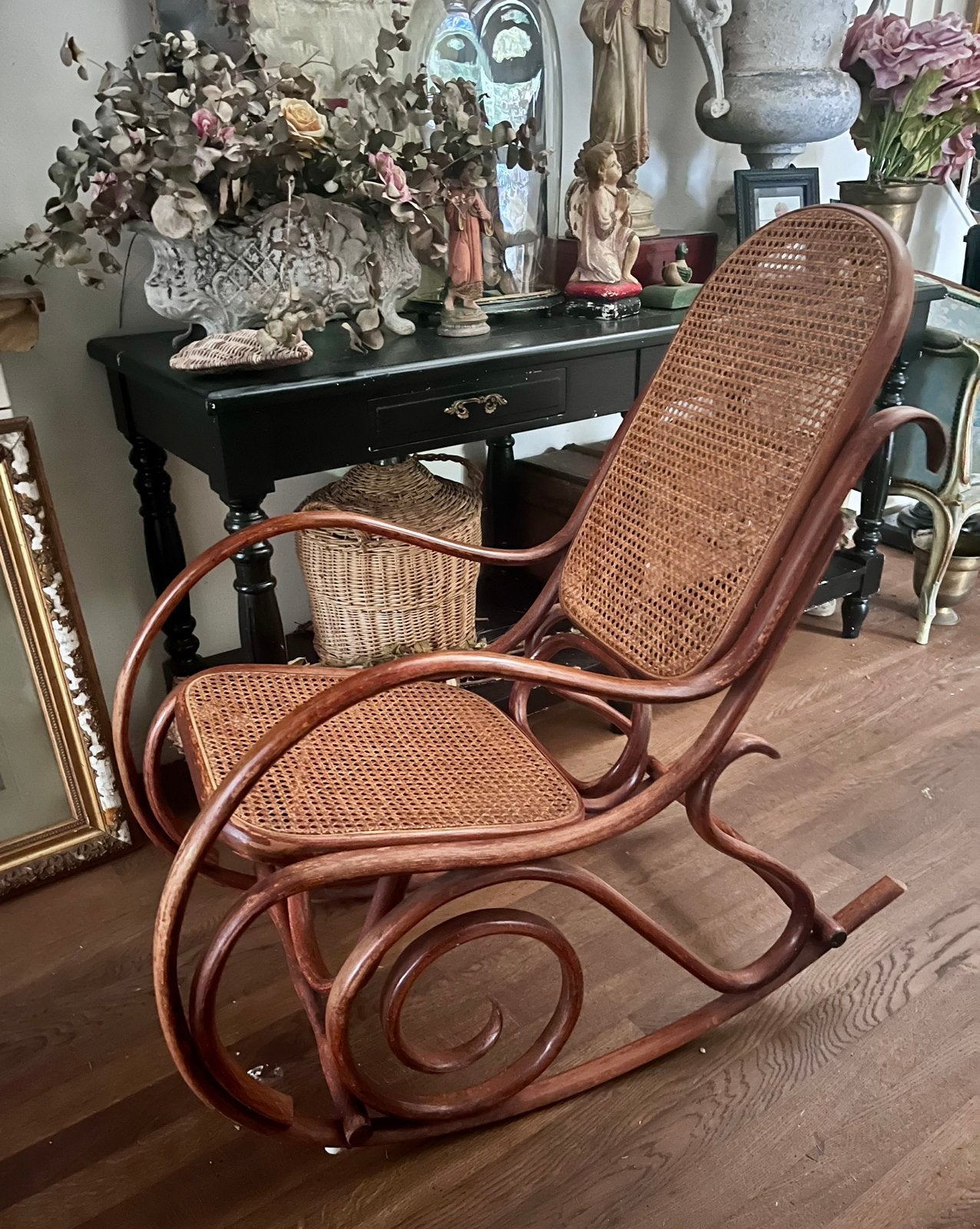 * VINTAGE Thonet Schommelstoel armstoel hout webbing stoel, Ophalen