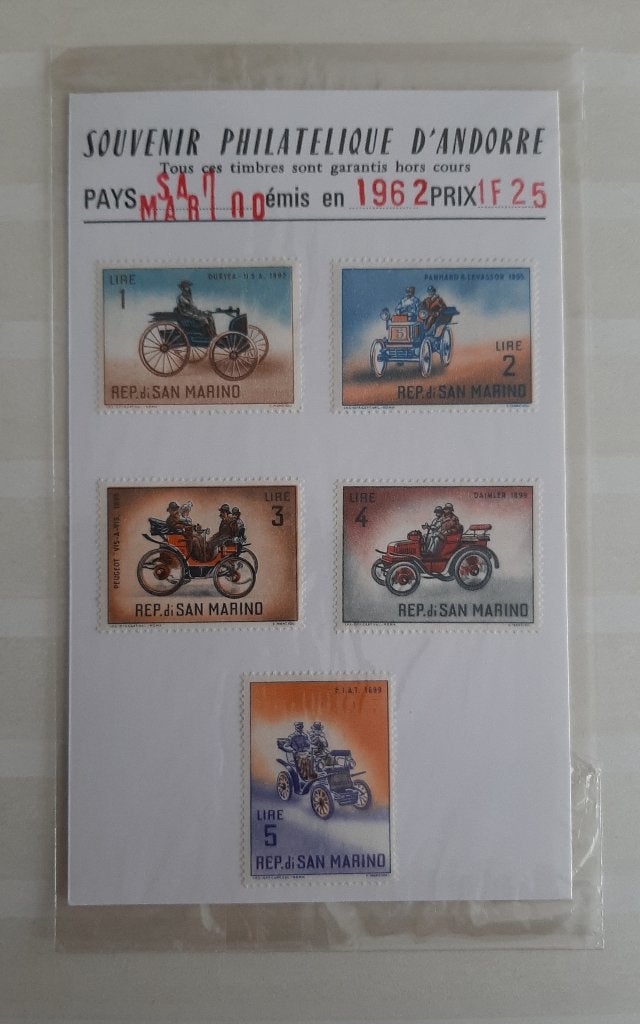 5 Postzegels San Marino Automobiles op kaartje 1962 Postfris, Ophalen, Overige landen, Postfris