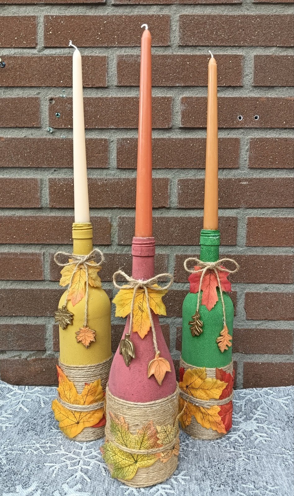 Set van 3 sfeervolle decoratieve Herfst flessen met kaars, Ophalen of Verzenden, Kaars