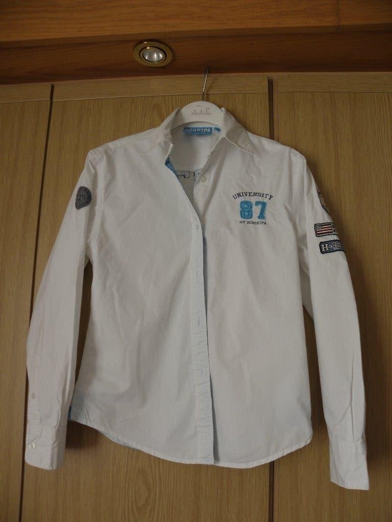 Wit blauw katoenen college print blouse HOOKIPA mt L prima, Maat 38/40 (M), Hookipa, Wit, Ophalen of Verzenden