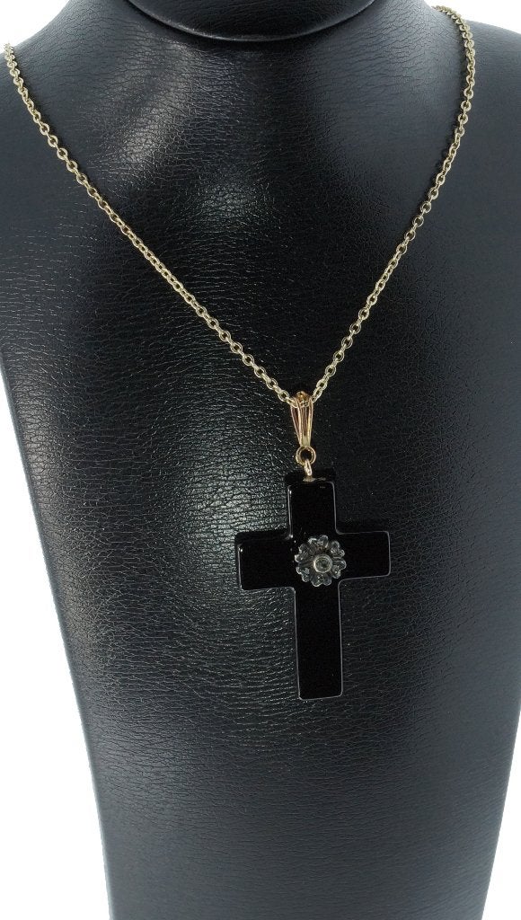 Kruis diamant onyx antiek ketting hanger 18k goud unisex, Ophalen of Verzenden, Goud, Hanger, Met edelsteen
