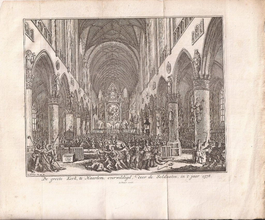 Kopergravure Groote Kerk Haarlem overweldigd in 1578 S.Fokke, 19 cm, Ophalen of Verzenden, 16 cm, 1700 - 1799