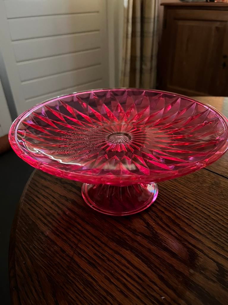 Fel Roze glazen serveerschaal op voet, Ophalen, Schaal, Rond, Glas