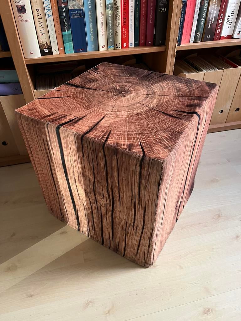 Poef/bijzettafel houtlook, Ophalen, Stof, Minder dan 50 cm, Vierkant