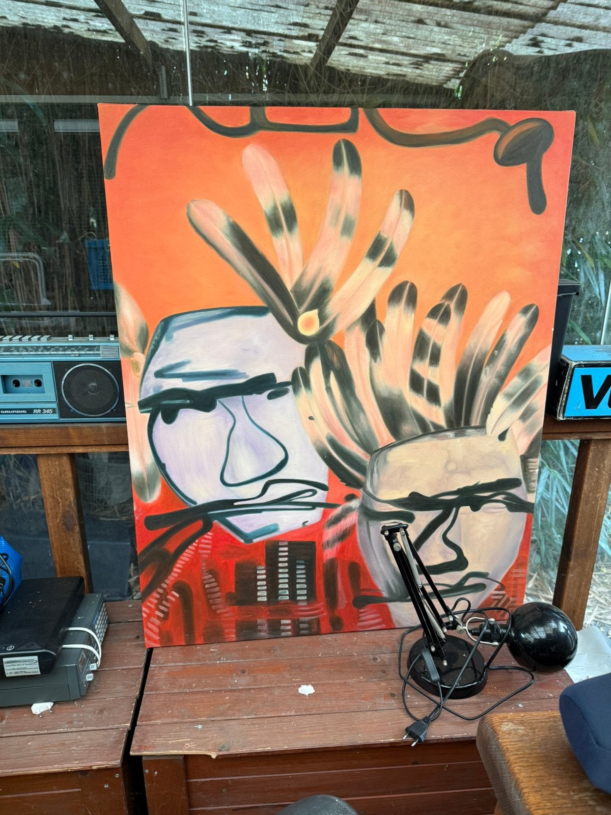 Schilderij in oranje rood Indianen op canvas 100/80cm, Antiek en Kunst, Ophalen, Handgeschilderd, Overige materialen, Figuren