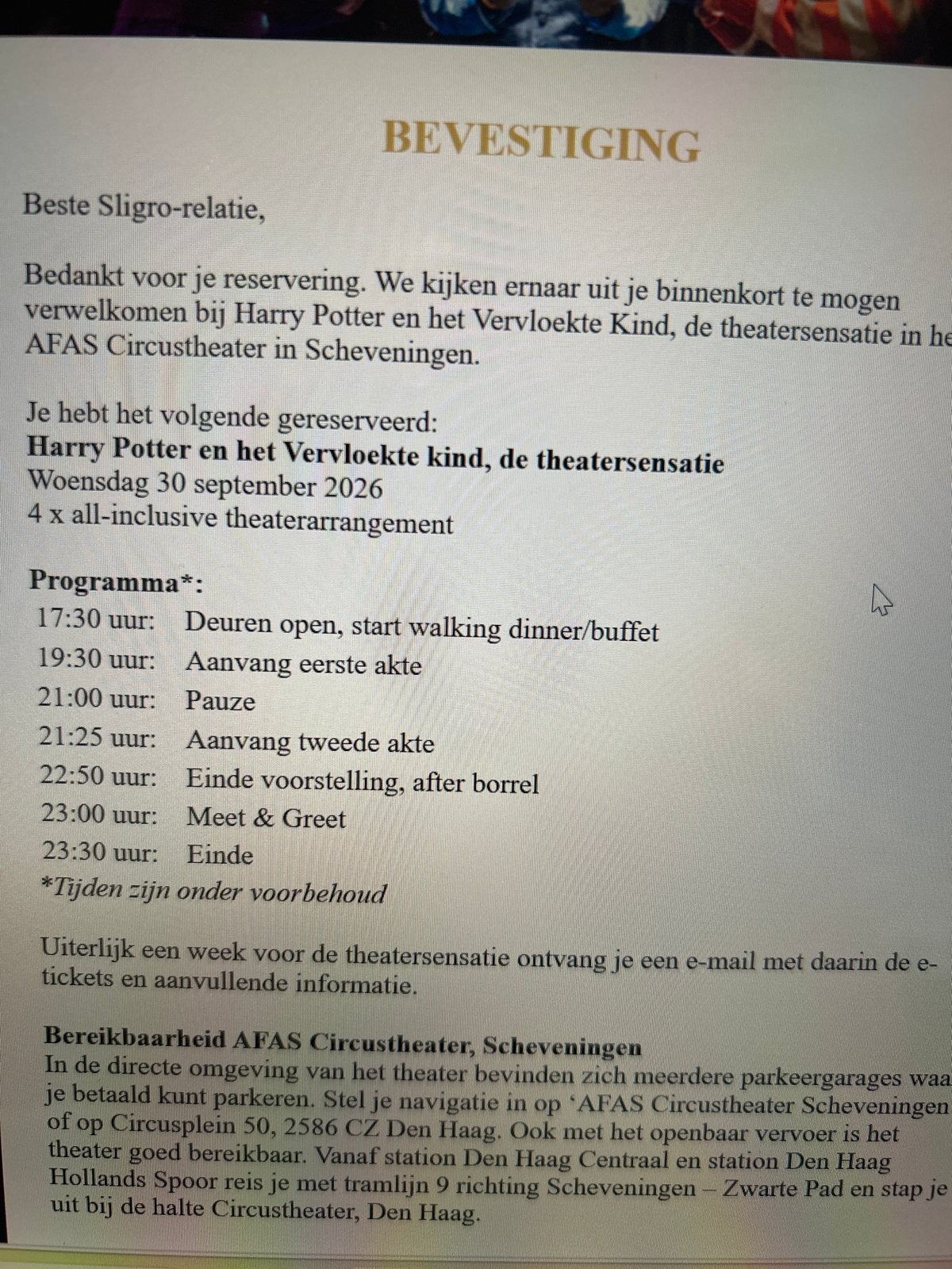 4 tickets sligro musical Harry Potter, Drie personen of meer, September, Arrangement