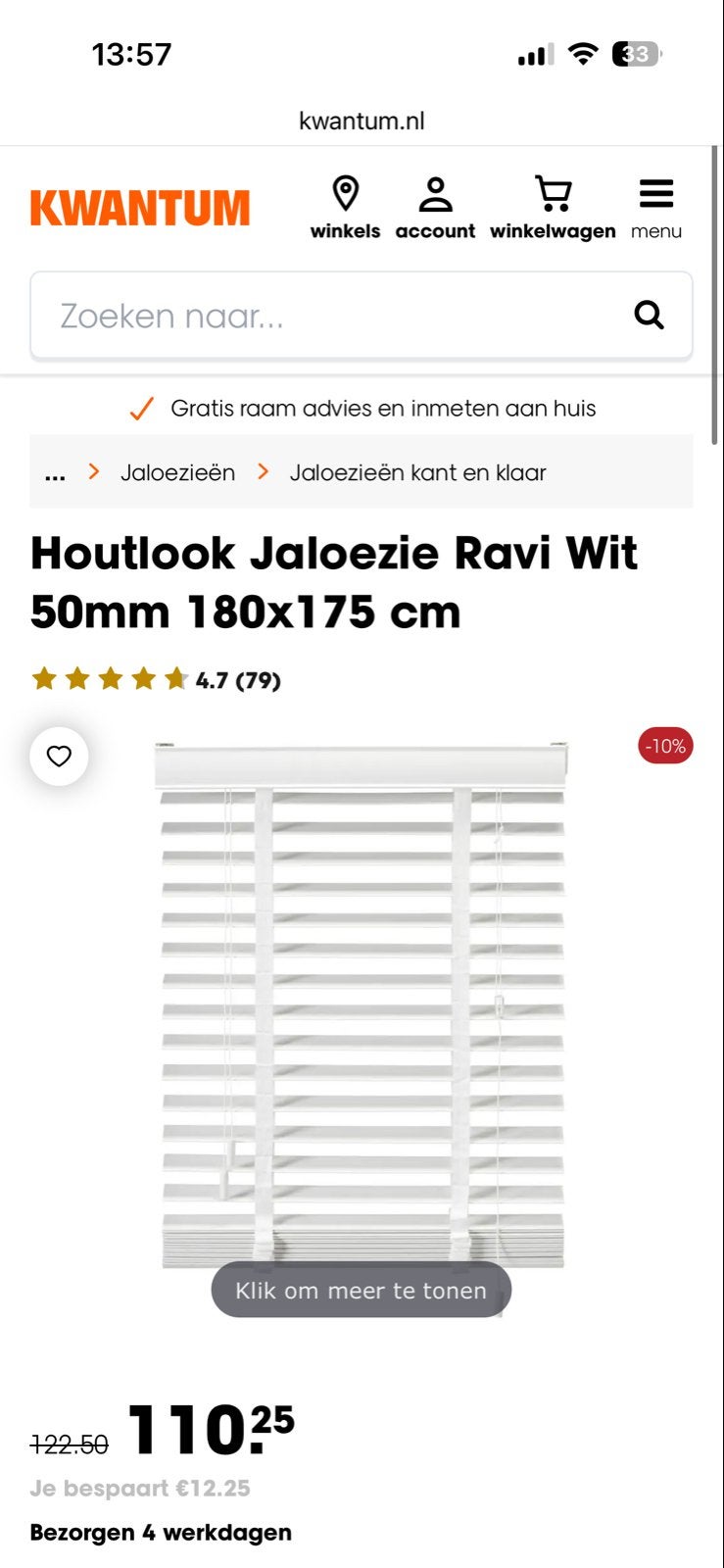 Kwantum Houtlook Jaloezie Ravi Wit 160x175 cm Nieuw, Jaloezie, Kwantum, Wit, Hout
