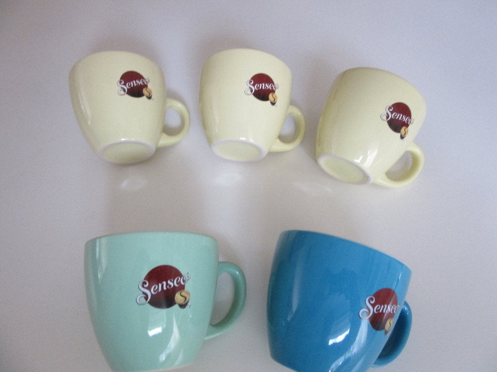 5x grote mok beker kop senseo logo Douwe Egberts D.E. geel, Overige materialen, Overige merken, Zo goed als nieuw, Overige stijlen