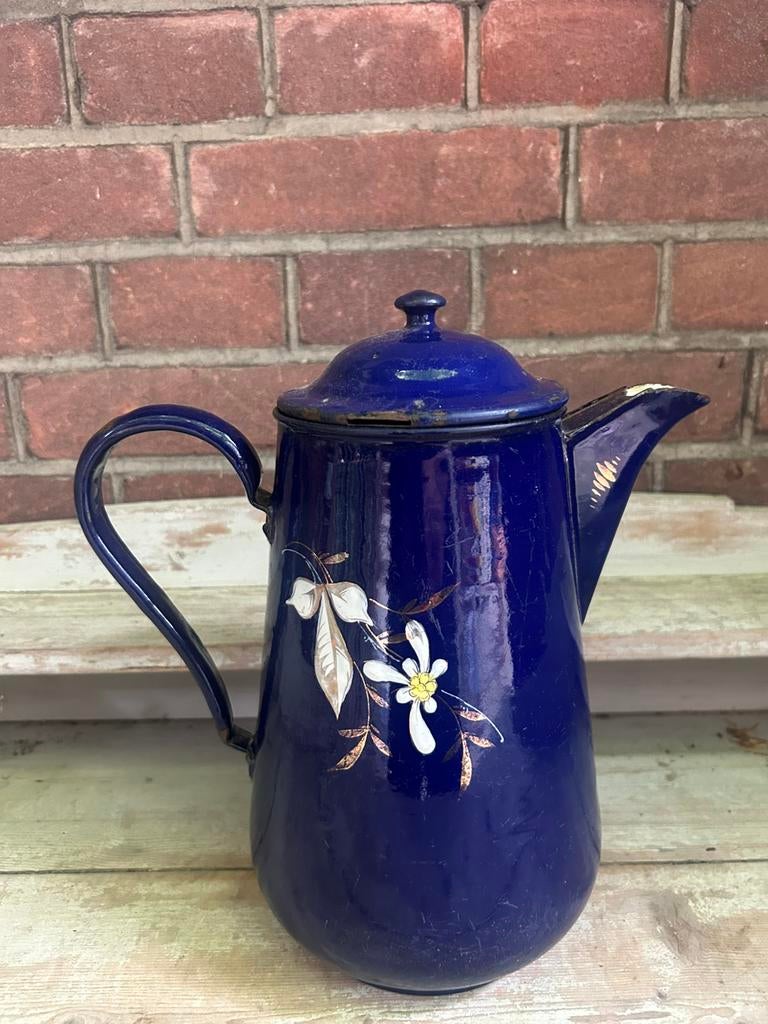 Koffie thee kan kobalt blauw emaille en bedrukt bloemmotief, Antiek en Kunst, Antiek | Emaille, Ophalen of Verzenden