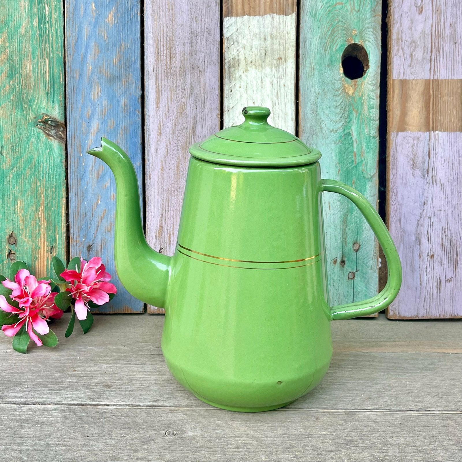 Vintage groene emaille koffiepot met gouden biesje groen, Ophalen of Verzenden