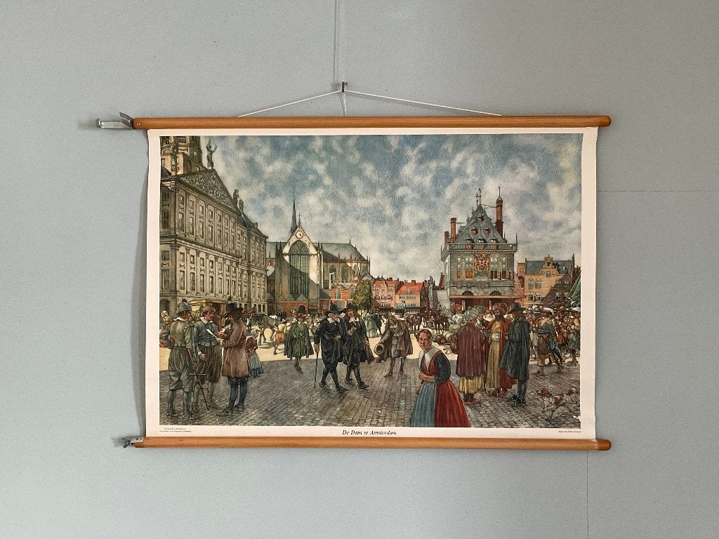Oude schoolplaat 'De Dam te Amsterdam', 1666, linnen, Antiek en Kunst, Antiek | Schoolplaten, Ophalen, Stad- en Dorpsgezichten