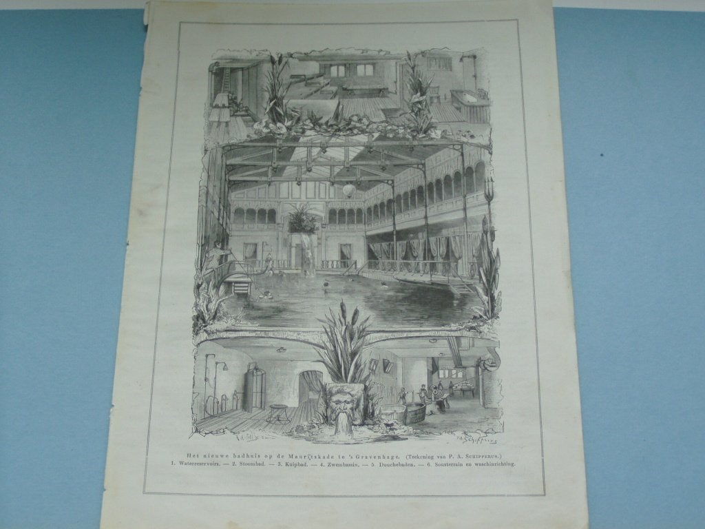 Houtgravure Badhuis Heiligerlee Graven v Nassau Prins Willem, Dagelijks leven, Ophalen of Verzenden, Gesigneerd, Houtsnede