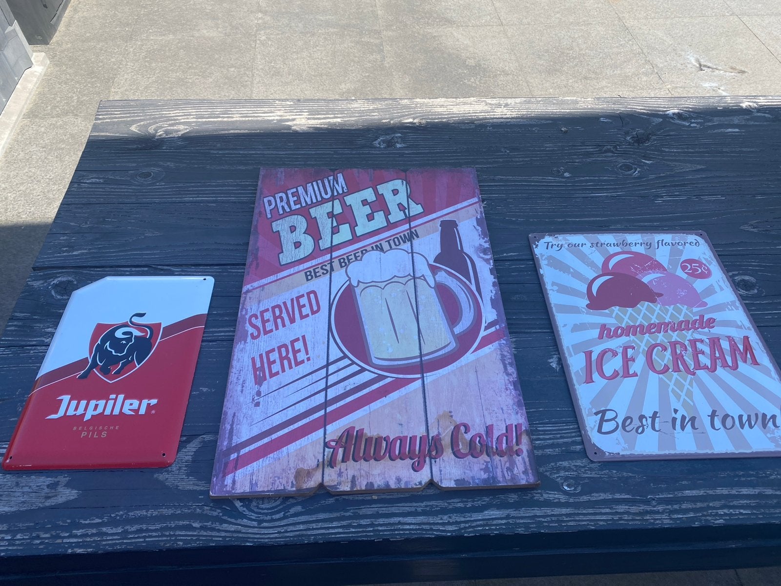 Borden voor buitenbar;Jupiler, Bier en IJs, Metaal, Gebruikt, Ophalen of Verzenden, Reclamebord