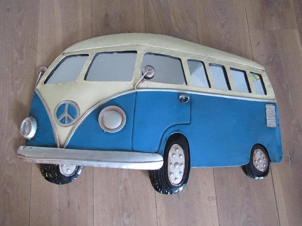 Grote 3D Reliëf Volkswagen VW bus blauw blikken bord spiegel, Metaal, Ophalen of Verzenden, Zo goed als nieuw, 80 cm