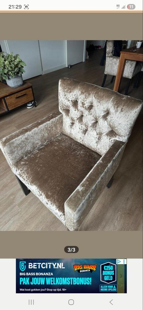 Luxe eetkamerstoel met armleuning - Goudkleurig velours, Huis en Inrichting, Stoelen, Ophalen, Twee, Overige kleuren, Zo goed als nieuw