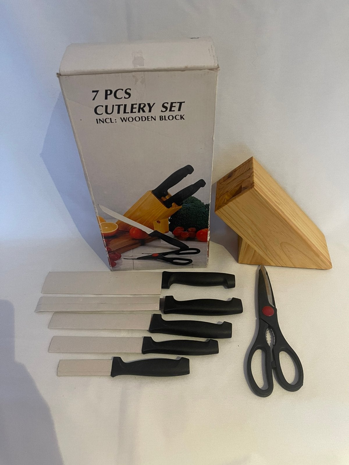 Messenset met houten messenblok en schaar totaal 7 delig set, Ophalen of Verzenden, Nieuw, Rvs of Chroom