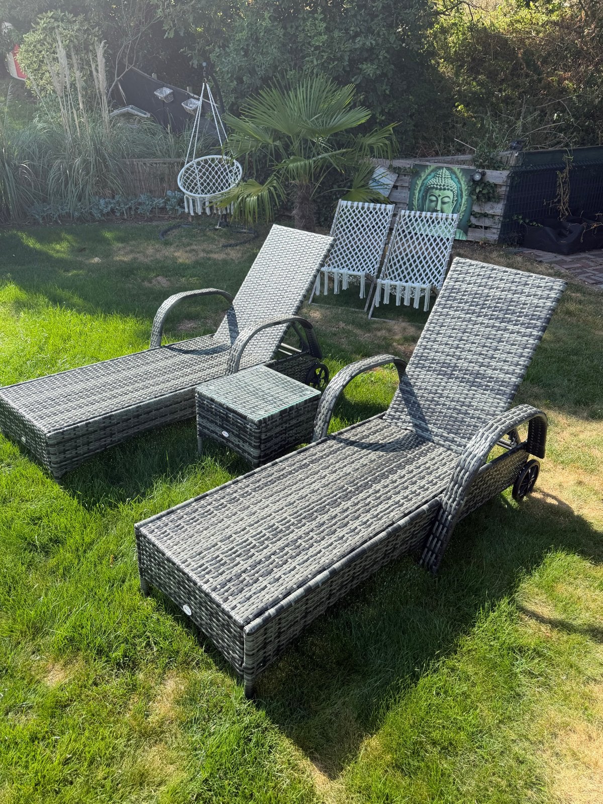 Outsunny Ligbedden Set met Bijzettafel - Grijs Wicker, Tuin en Terras, Ligbedden, Ophalen, Zo goed als nieuw, Wicker, Verstelbaar