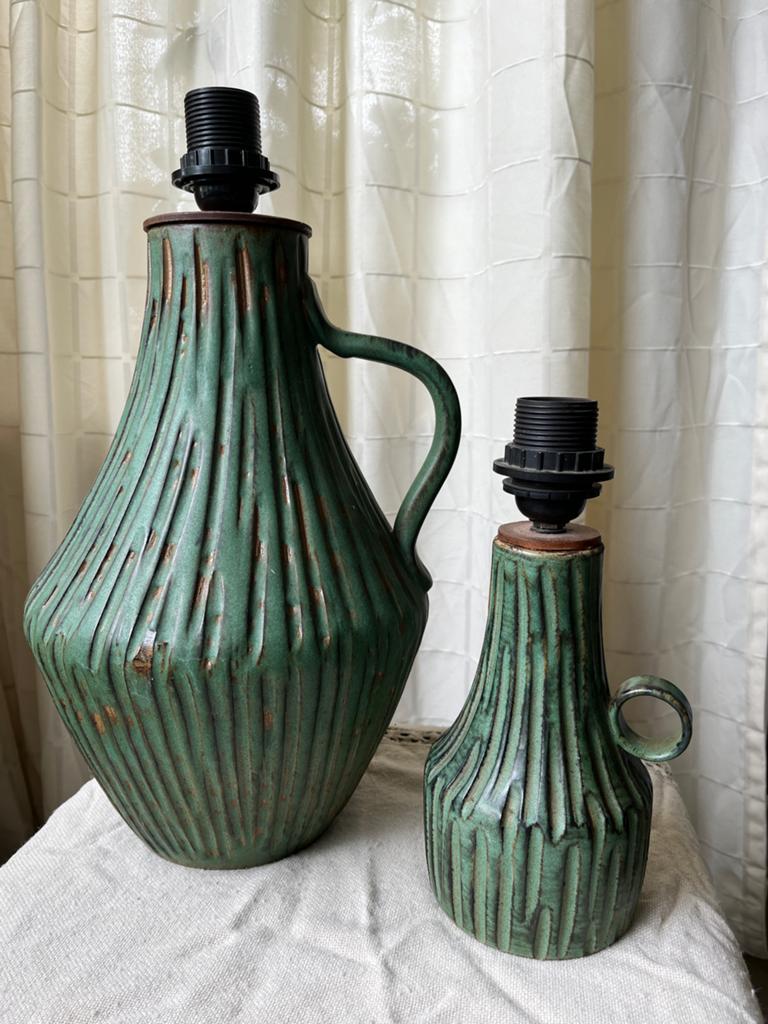 Set van 2 vintage keramische lampenvoeten - Groen, Gebruikt, Aardewerk of Porselein, Ophalen of Verzenden, Minder dan 50 cm