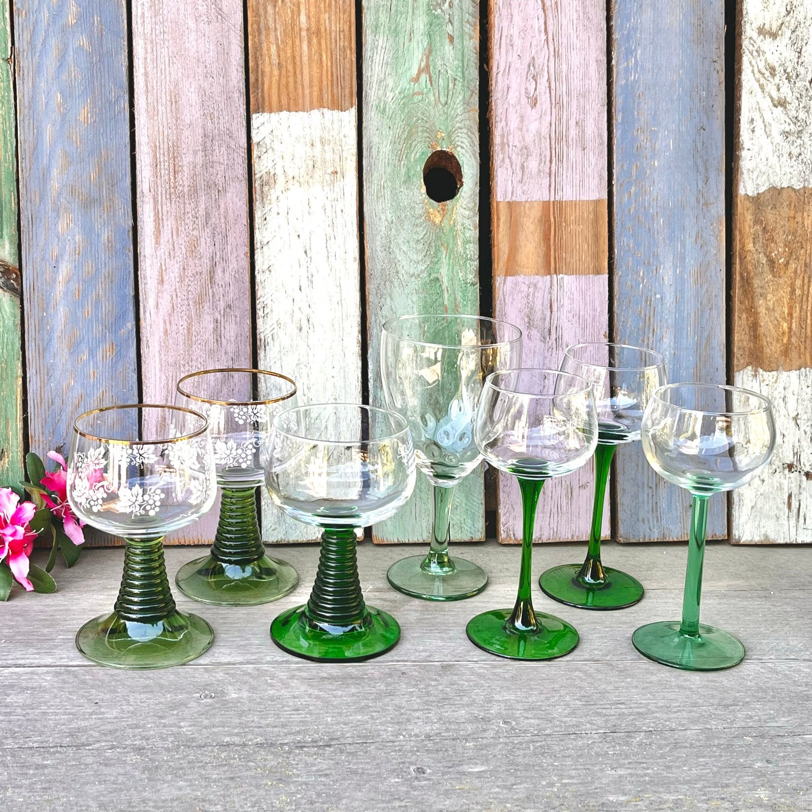 Set van 7 vintage wijnglazen met groene voet Roemer Luminarc, Ophalen of Verzenden, Gebruikt, Borrel- of Shotglas