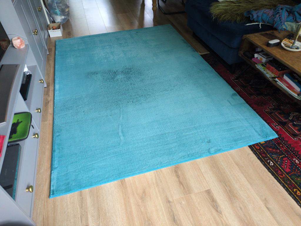 Ijsblauw petrol fluffy vloerkleed tapijt 160x226, Ophalen, Gebruikt, Blauw, 200 cm of meer