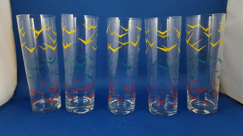 5x vintage longdrinkglas limonadeglas, gekleurde vogels 5B12, Huis en Inrichting, Keuken | Servies, Tweedehands verkoop, Tweedehands verkoop