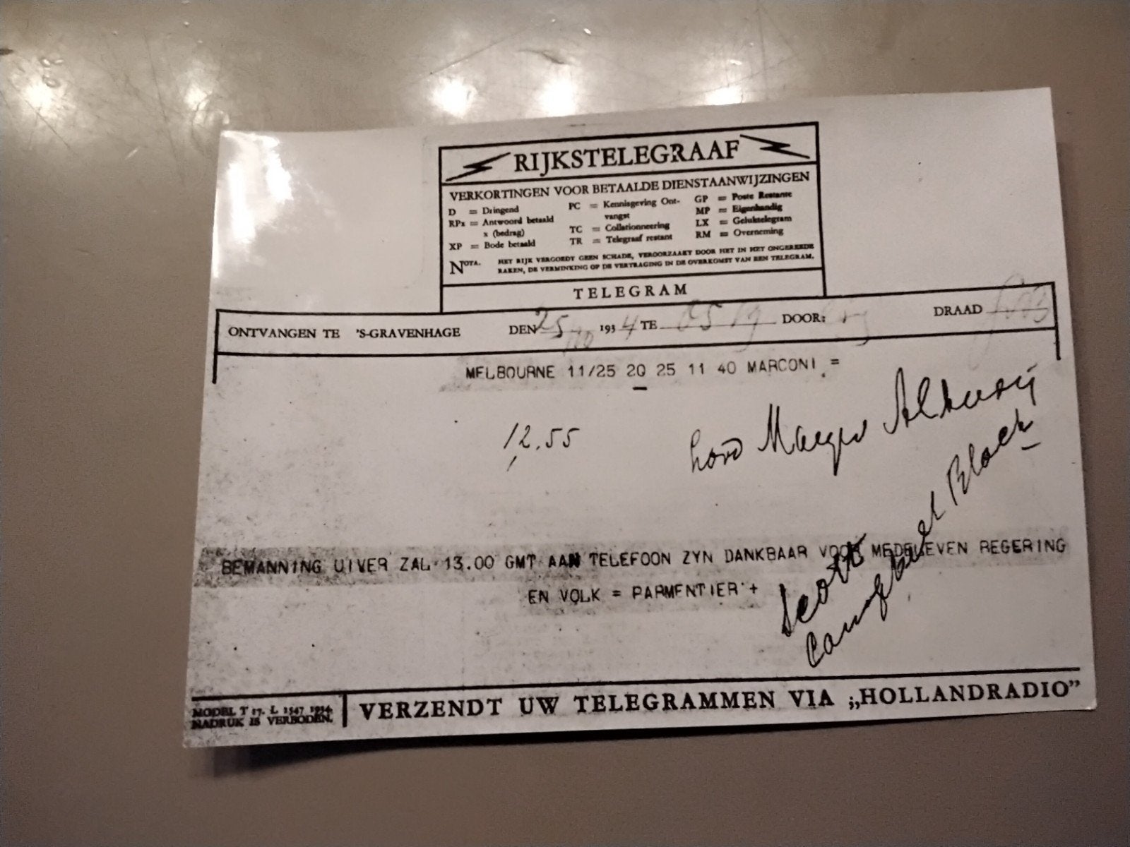 Foto danktelegram Uiver-bemanning 1934, Verzamelen, Verzenden, Gebruikt