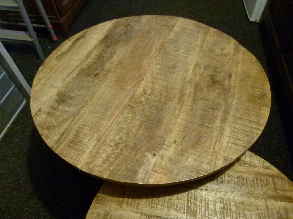 2 houten salontafels rond met stalen onderstel, Ophalen, 50 – 75, 50 tot 100 cm, Rond