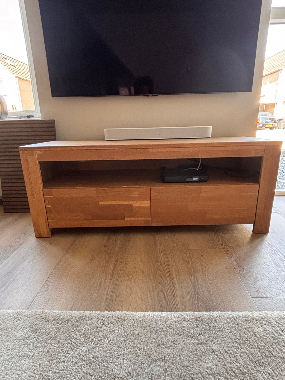 Licht eiken TV dressoir met 2 lades - 119x44,5x46cm, Ophalen, Gebruikt, 100 tot 150 cm, Eikenhout