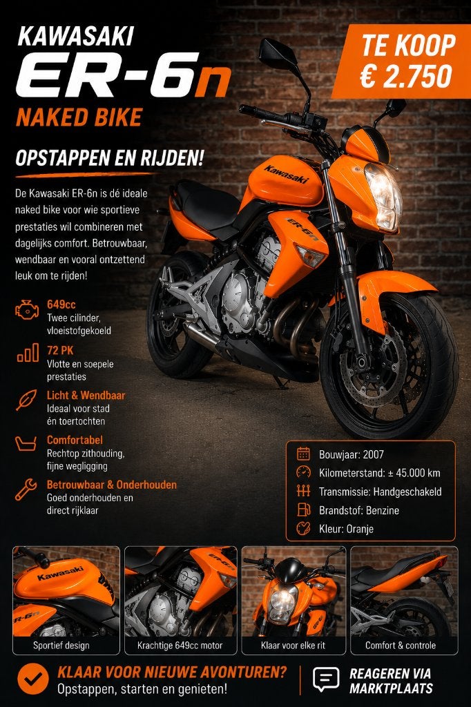 Kawasaki naked bike, 2 cilinders, Occasion, Motorrijbewijs A, Particulier